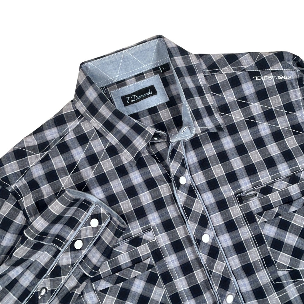 7 Diamonds Button Down Shirt Mens L Black Grey Plaid Western Indie Rockabilly